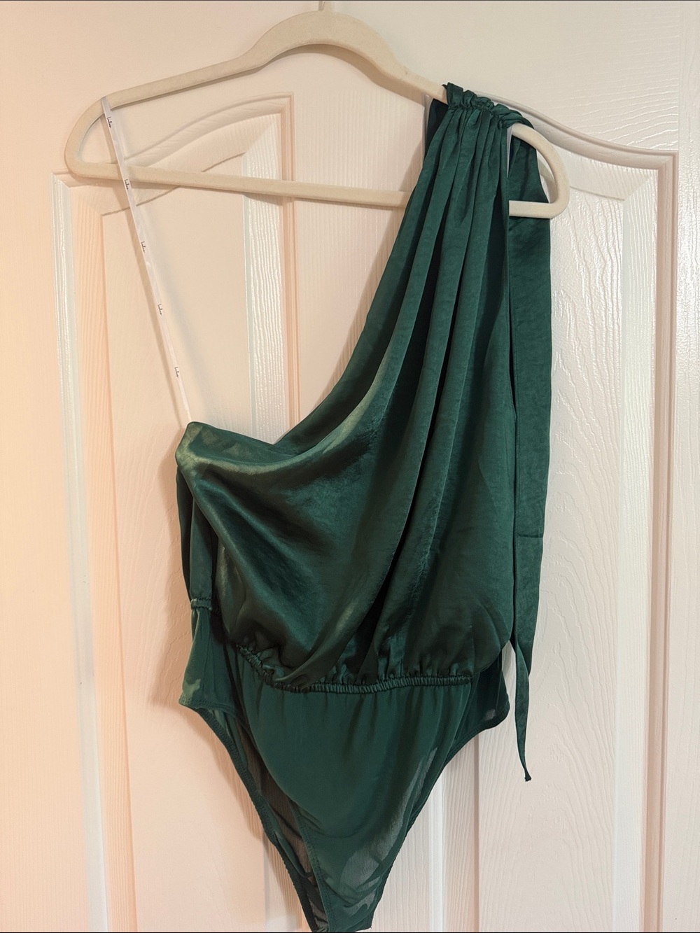 Lulu's Deep Green Satin One-Shoulder Bodysuit